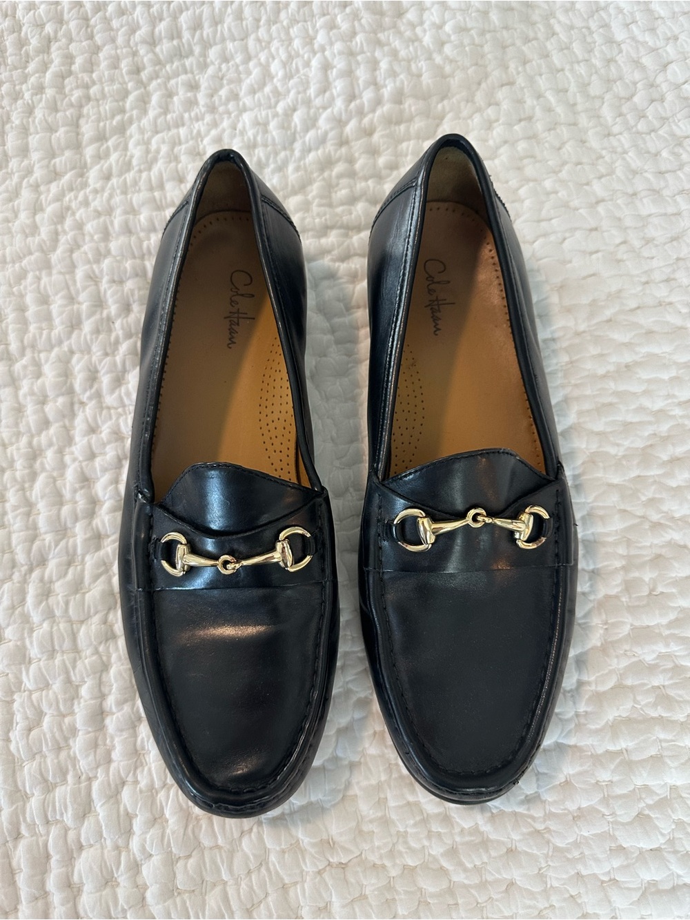 Cole Haan Black Leather Loafers with Gold Horsebit